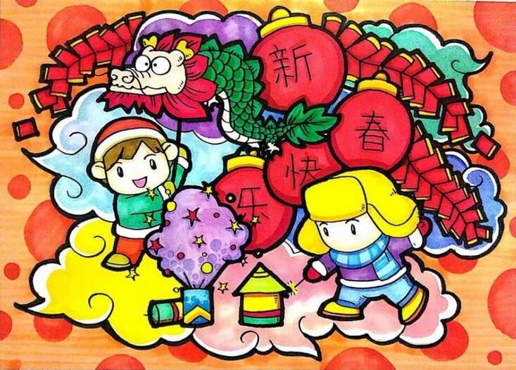 2021牛年春节新年儿童画图片