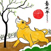 新年牛年主题儿童画《牛年春光早》