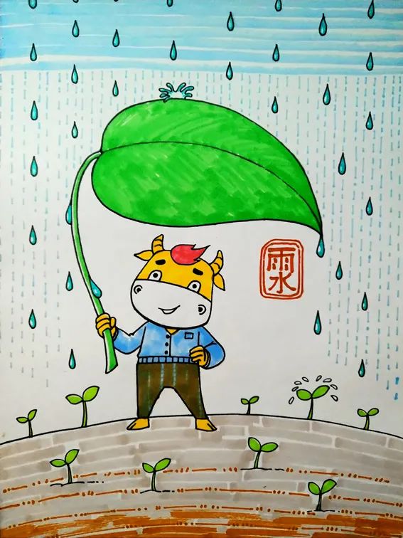 雨水节气主题儿童画《春雨》