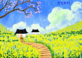 春天主题儿童画作品《油菜花》