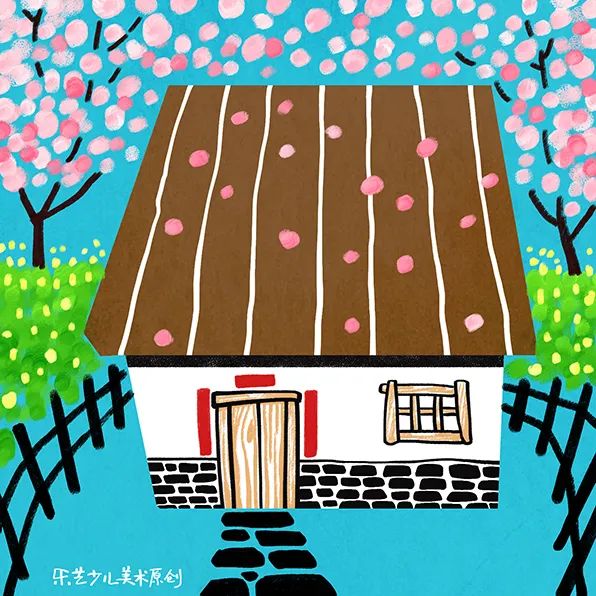 春天儿童风景画作品《小屋春来到》