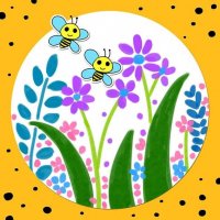 春天主题儿童画《花丛里的蜜蜂》