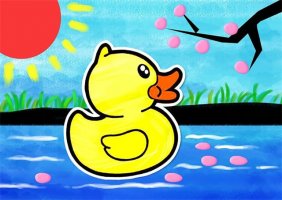 春天题材儿童画作品《要可爱鸭》